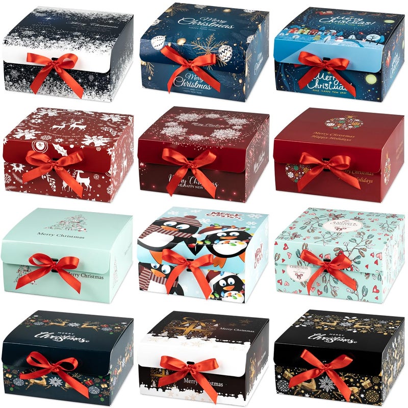 ARTLYMERS Christmas Gift Boxes with Lids 12 Pack Gift Box and Red Ribbon Christmas Themed Pattern Small Gift Boxes for Xmas Presents Gifts Easy Assemble